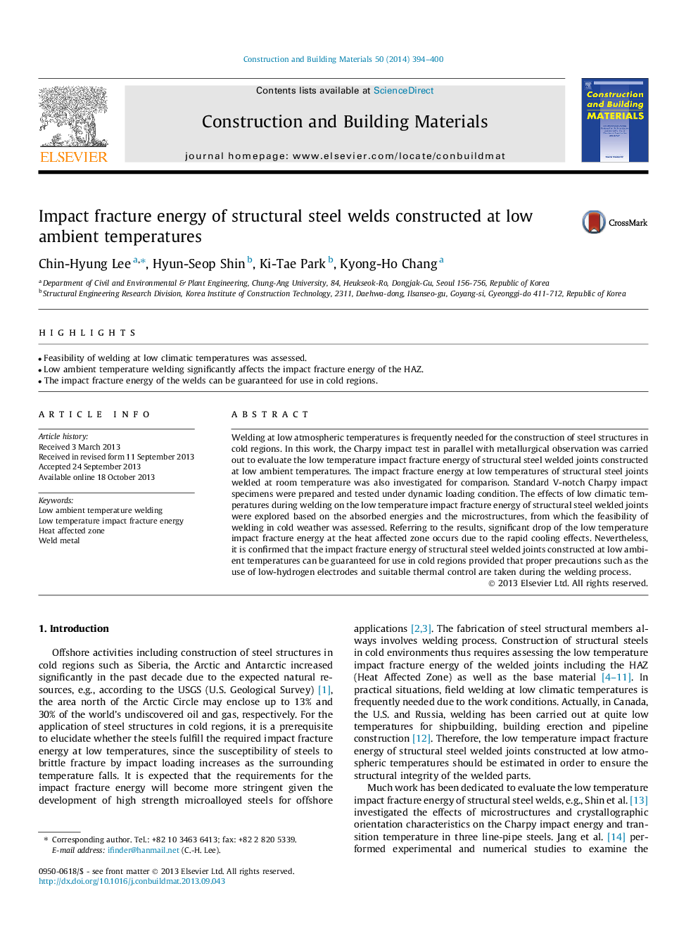 Impact fracture energy of structural steel welds constructed at low ambient temperatures