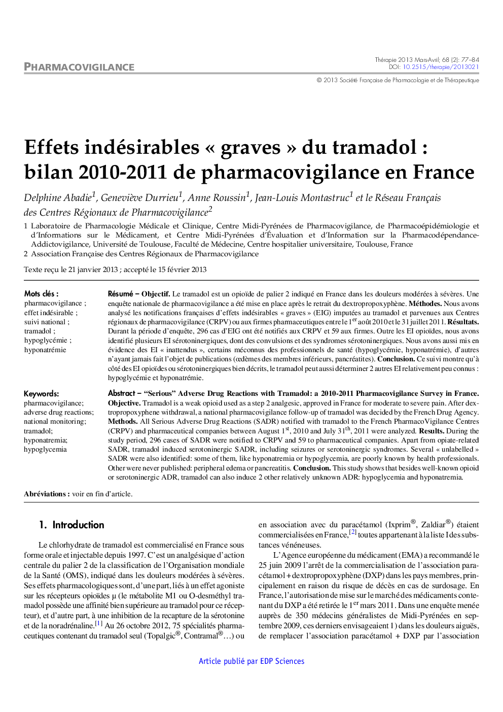 Effets indésirables Â« graves Â» du tramadol : bilan 2010-2011 de pharmacovigilance en France