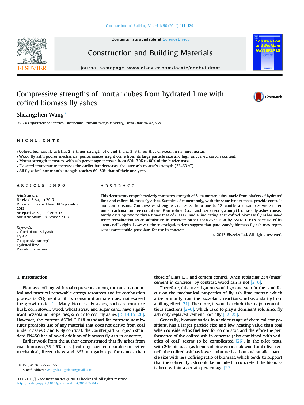 Compressive strengths of mortar cubes from hydrated lime with cofired biomass fly ashes