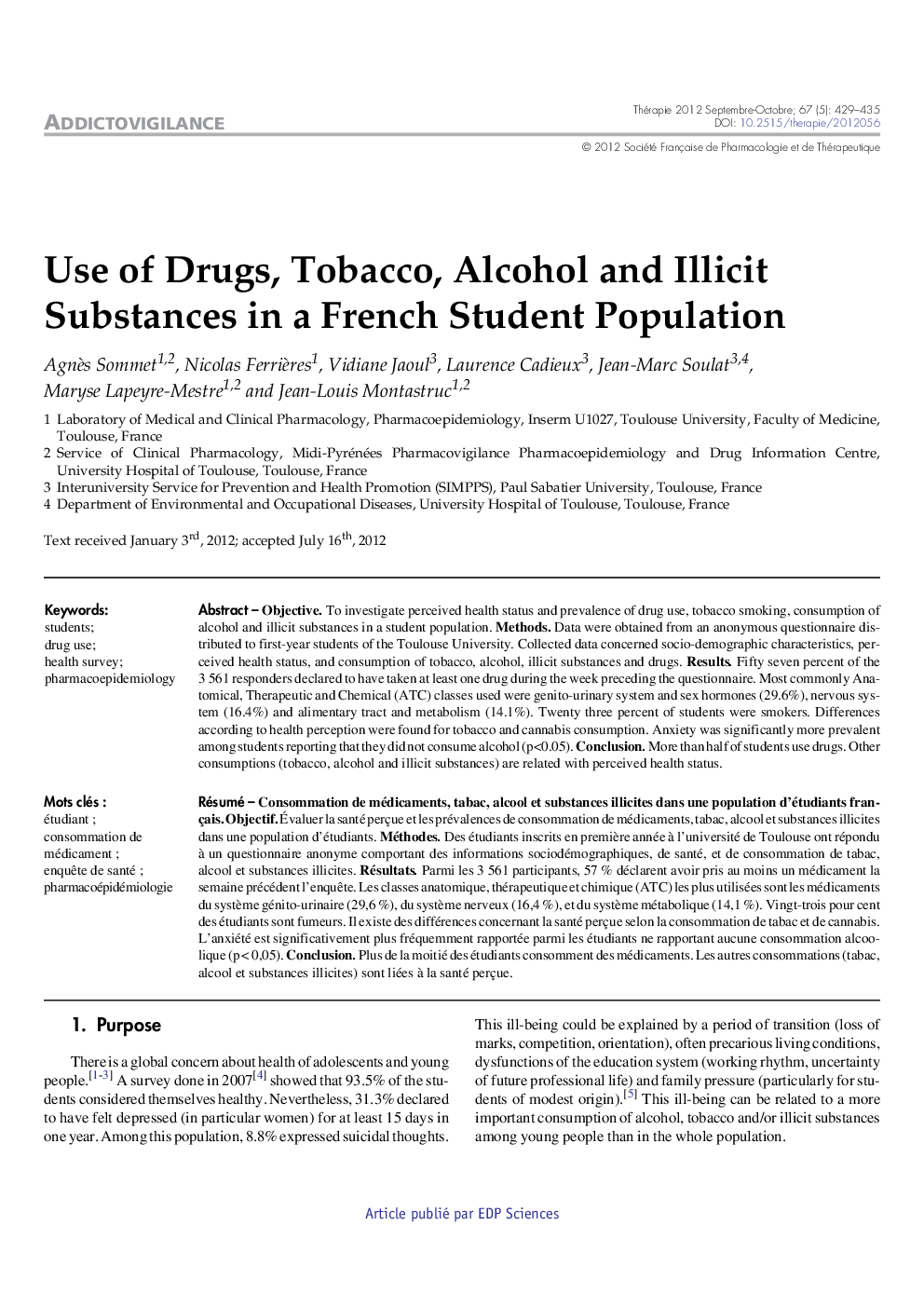 Use of Drugs, Tobacco, Alcohol and Illicit Substances in a French Student Population