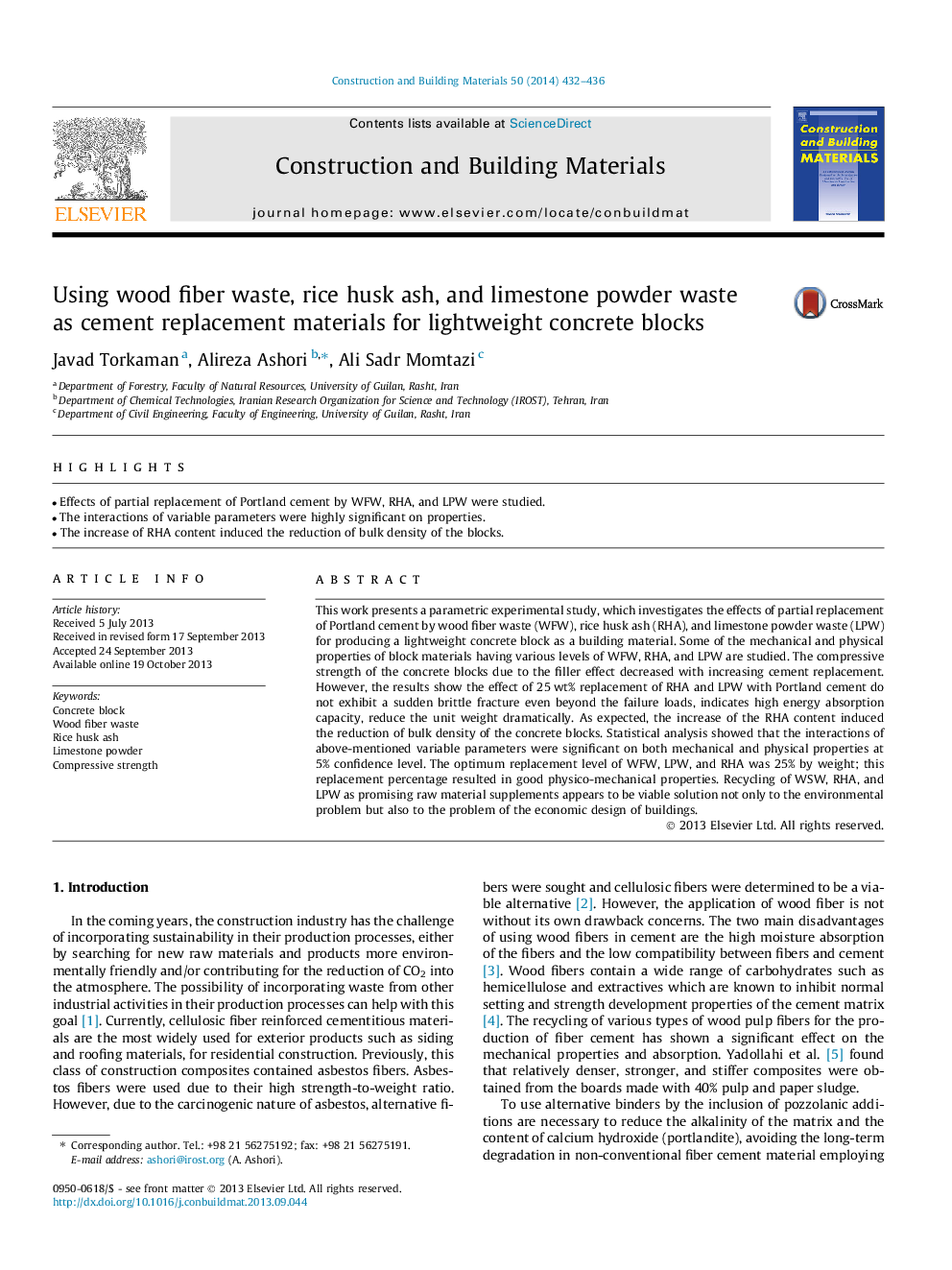 Using wood fiber waste, rice husk ash, and limestone powder waste as cement replacement materials for lightweight concrete blocks