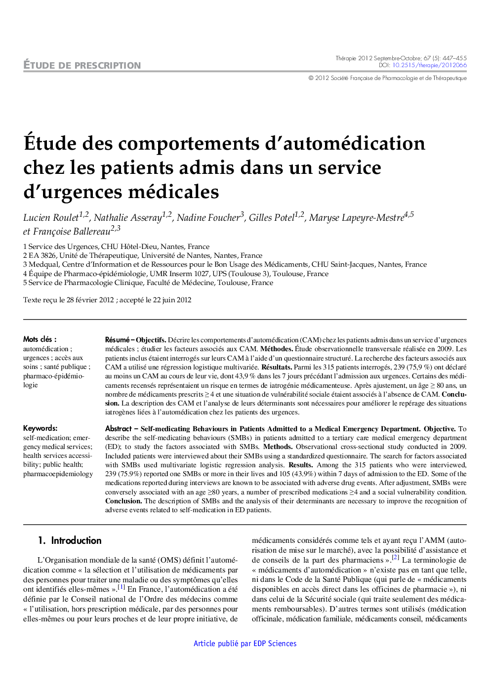 Ãtude des comportements d'automédication chez les patients admis dans un service d'urgences médicales