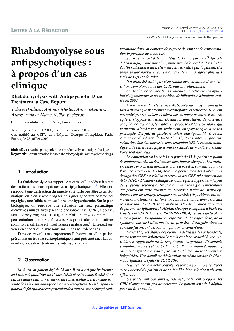 Rhabdomyolyse sous antipsychotiques : Ã  propos d'un cas clinique