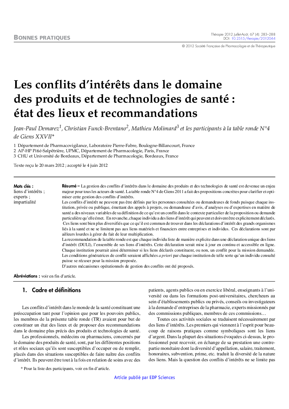 Les conflits d'intérÃªts dans le domaine des produits et de technologies de santé : état des lieux et recommandations