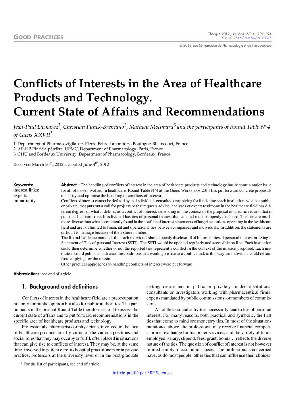 Conflicts of Interests in the Area of Healthcare Products and Technology. Current State of Affairs and Recommendations
