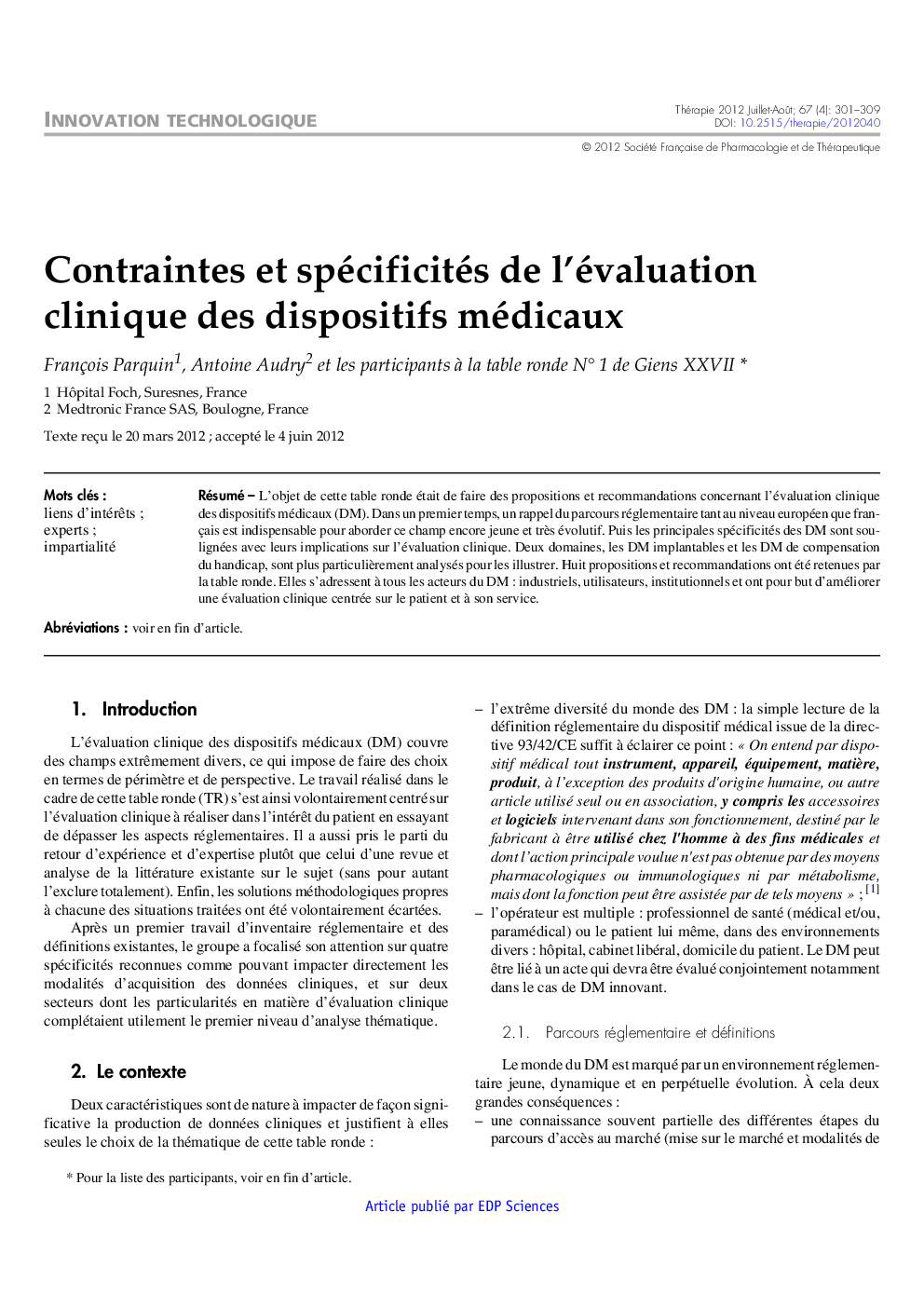 Contraintes et spécificités de l'évaluation clinique des dispositifs médicaux