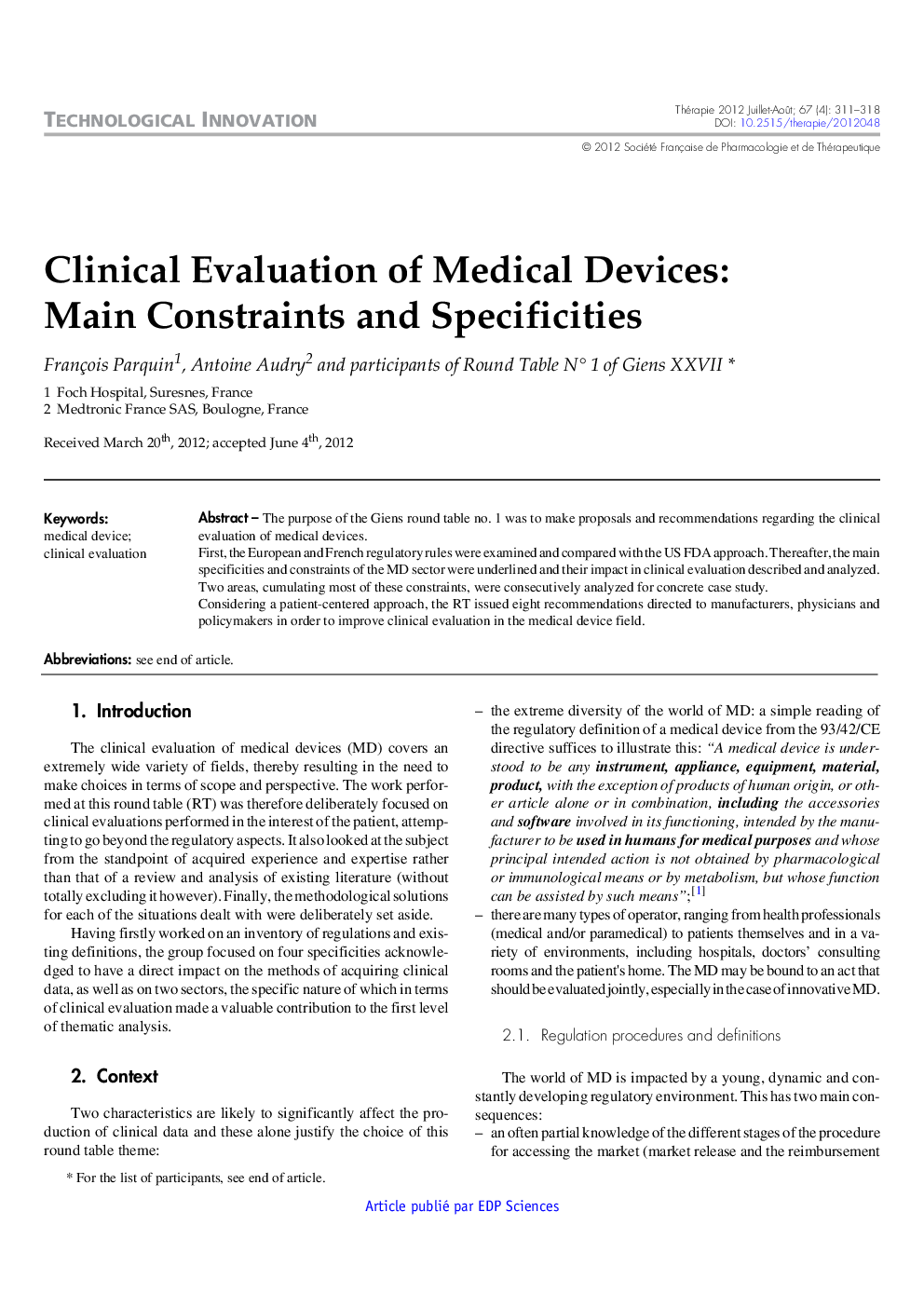 Clinical Evaluation of Medical Devices: Main Constraints and Specificities