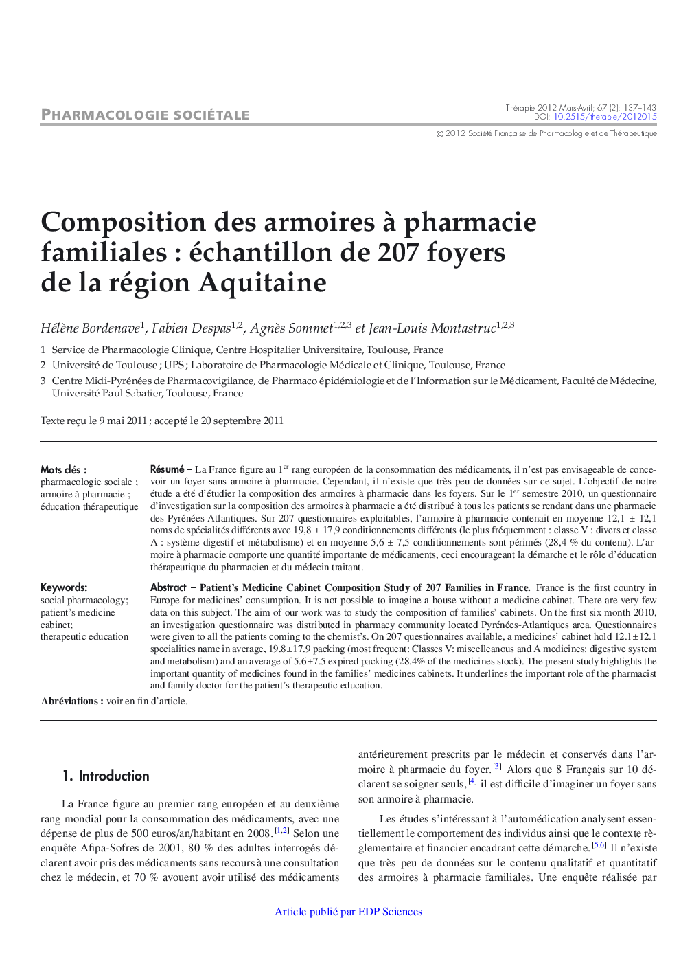 Composition des armoires Ã  pharmacie familiales : échantillon de 207 foyers de la région Aquitaine