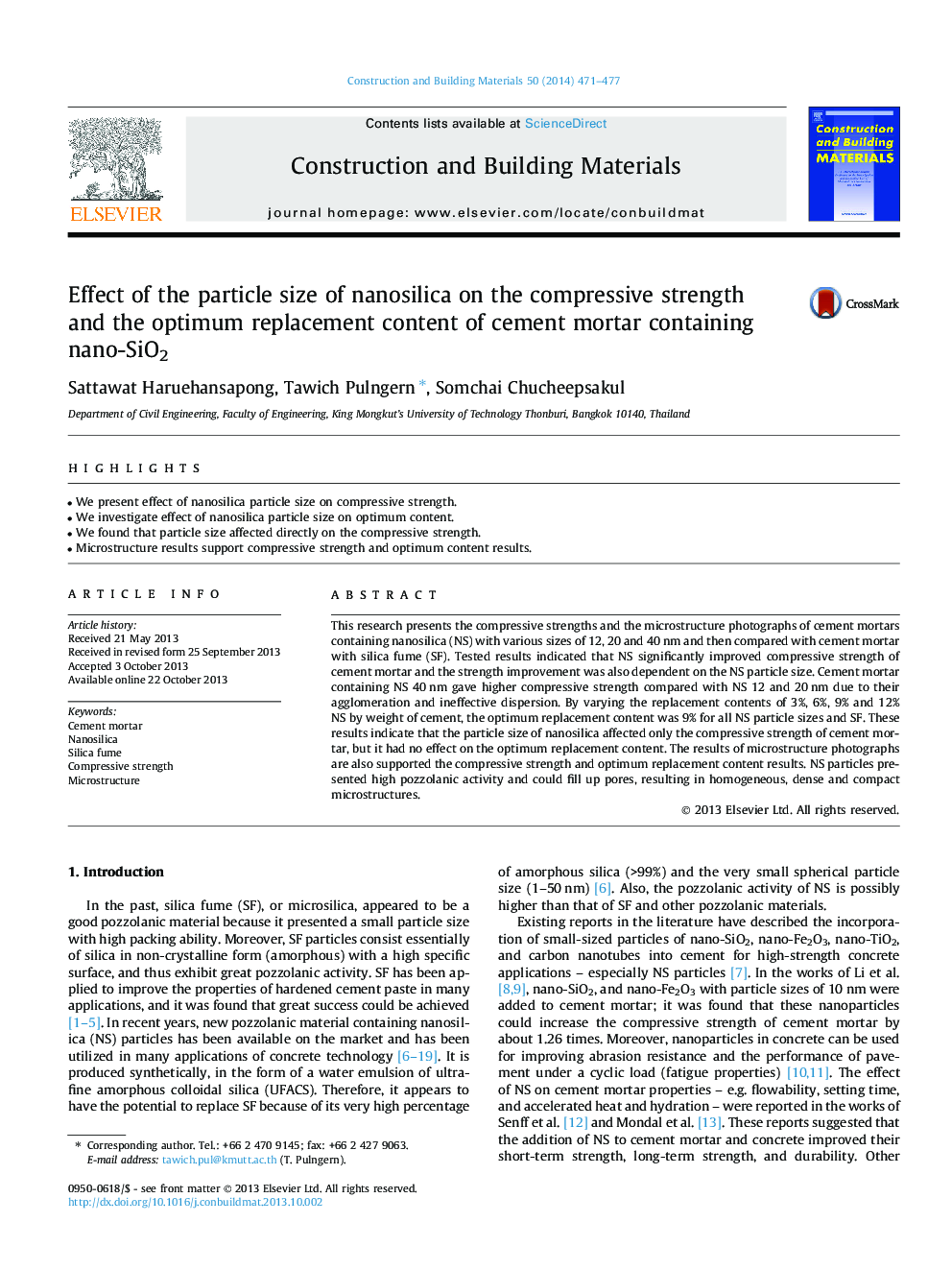 Effect of the particle size of nanosilica on the compressive strength and the optimum replacement content of cement mortar containing nano-SiO2