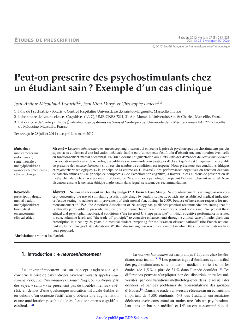 Peut-on prescrire des psychostimulants chez un étudiant sain ? Exemple d'un cas clinique