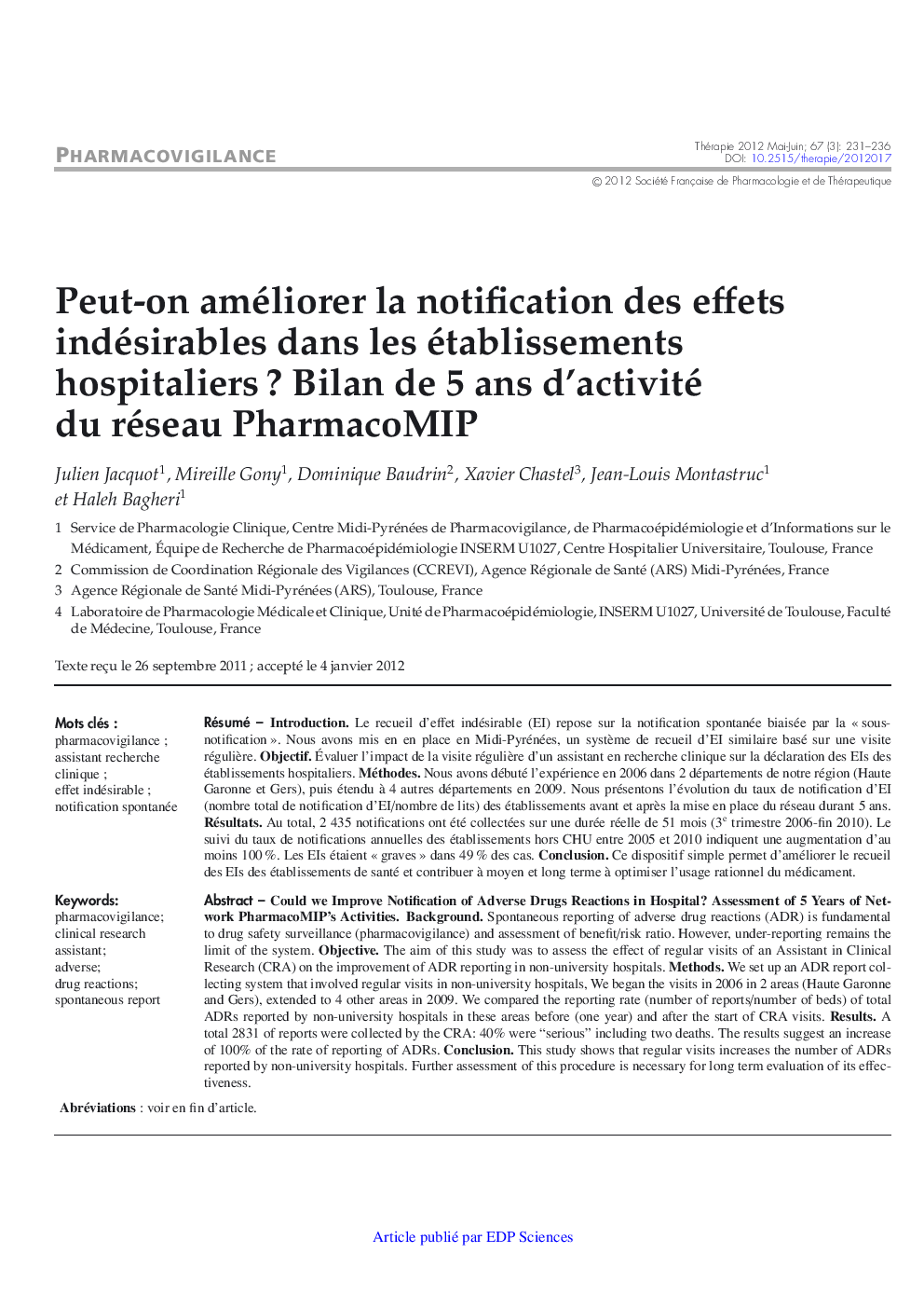 Peut-on améliorer la notification des effets indésirables dans les établissements hospitaliers ? Bilan de 5 ans d'activité du réseau PharmacoMIP