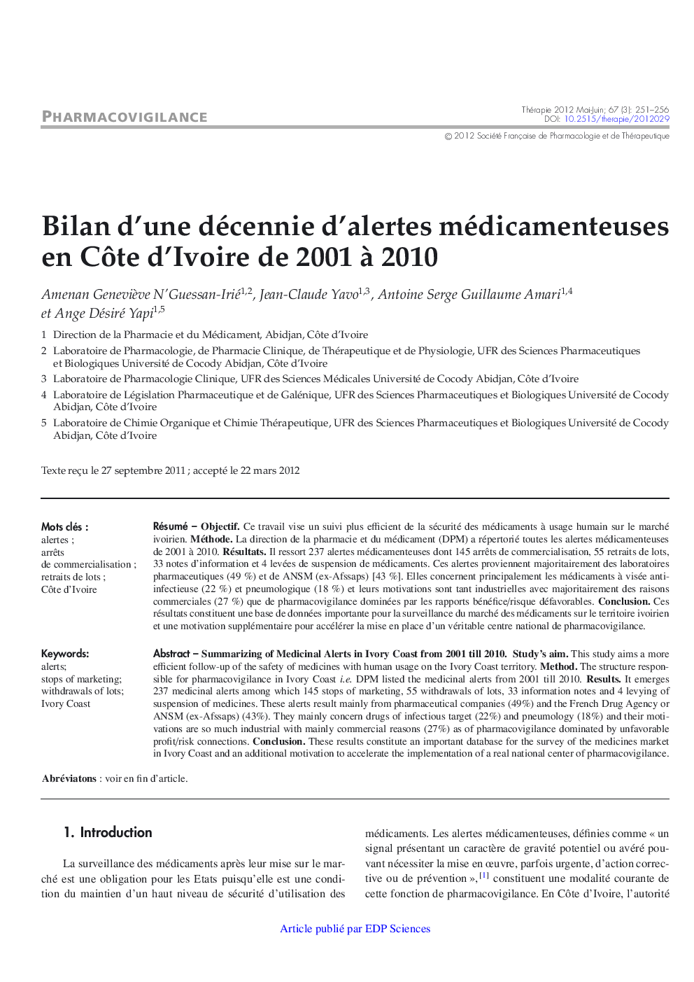 Bilan d'une décennie d'alertes médicamenteuses en CÃ´te d'Ivoire de 2001 Ã  2010