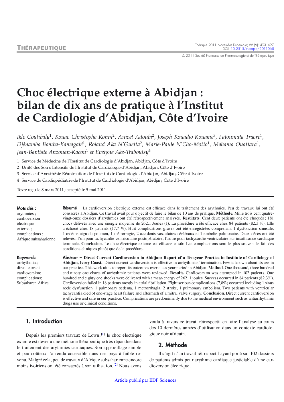 Choc électrique externe Ã  Abidjan : bilan de dix ans de pratique Ã  l'Institut de Cardiologie d'Abidjan, CÃ´te d'Ivoire