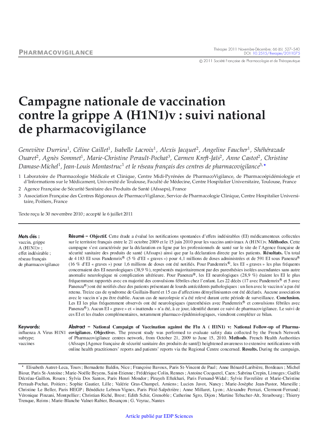 Campagne nationale de vaccination contre la grippe A (H1N1)v : suivi national de pharmacovigilance