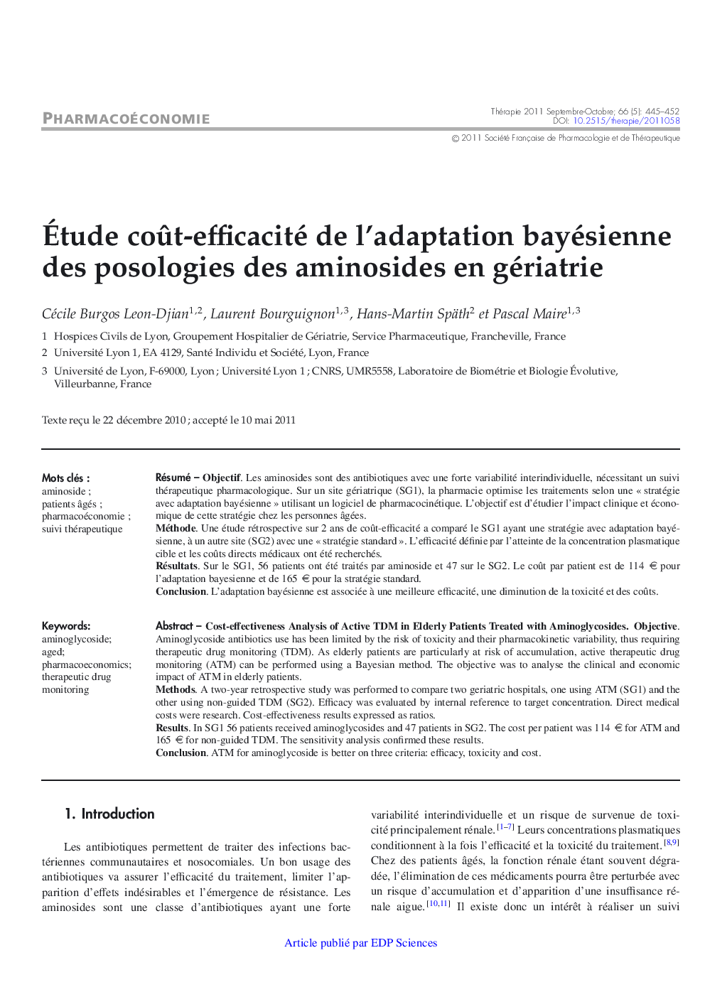 Ãtude coÃ»t-efficacité de l'adaptation bayésienne des posologies des aminosides en gériatrie