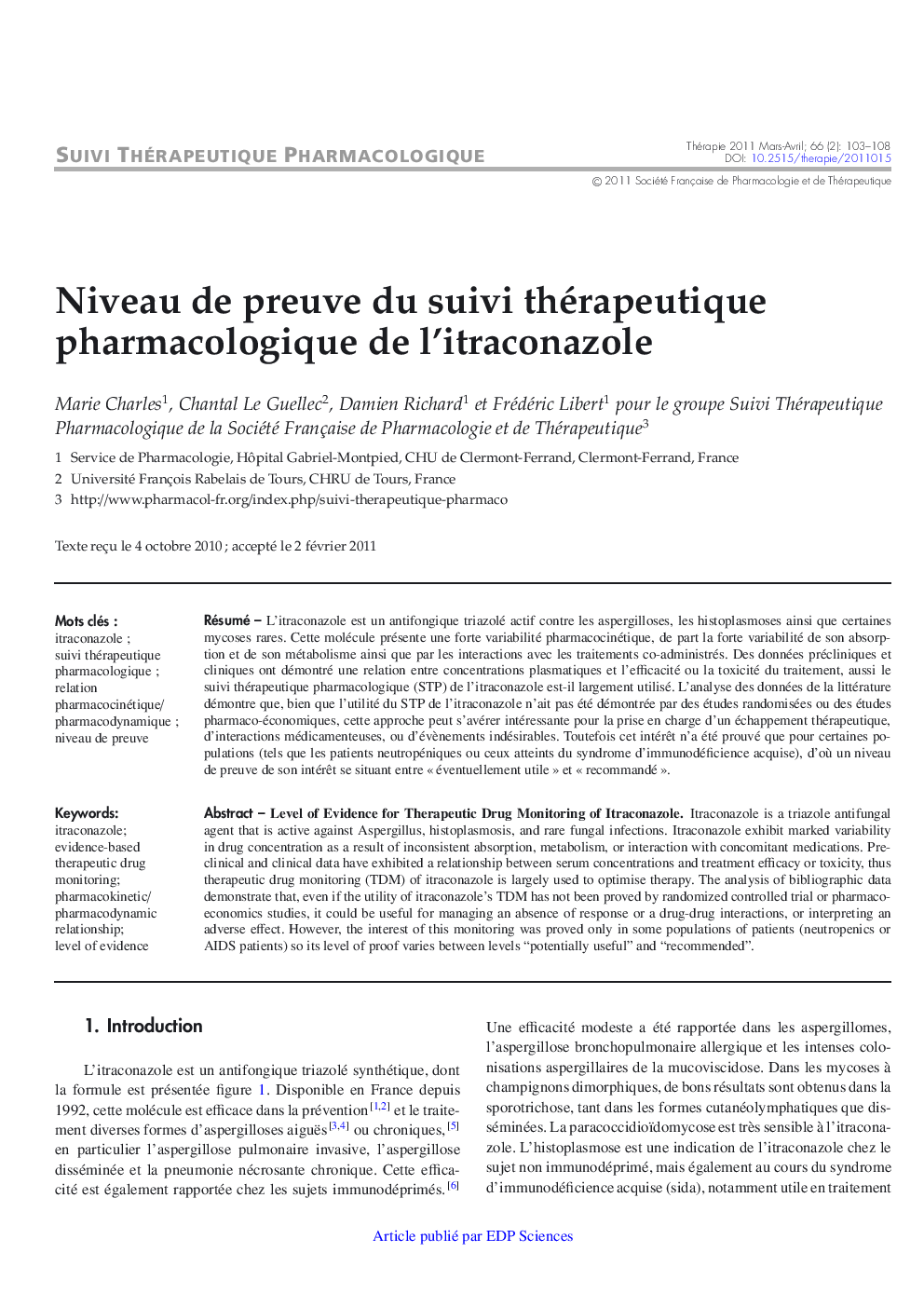 Niveau de preuve du suivi thérapeutique pharmacologique de l'itraconazole