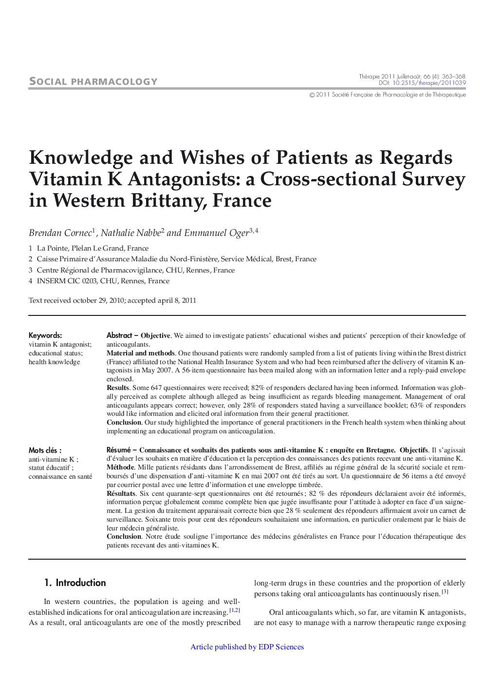 Knowledge and Wishes of Patients as Regards Vitamin K Antagonists: a Cross-sectional Survey inWestern Brittany, France