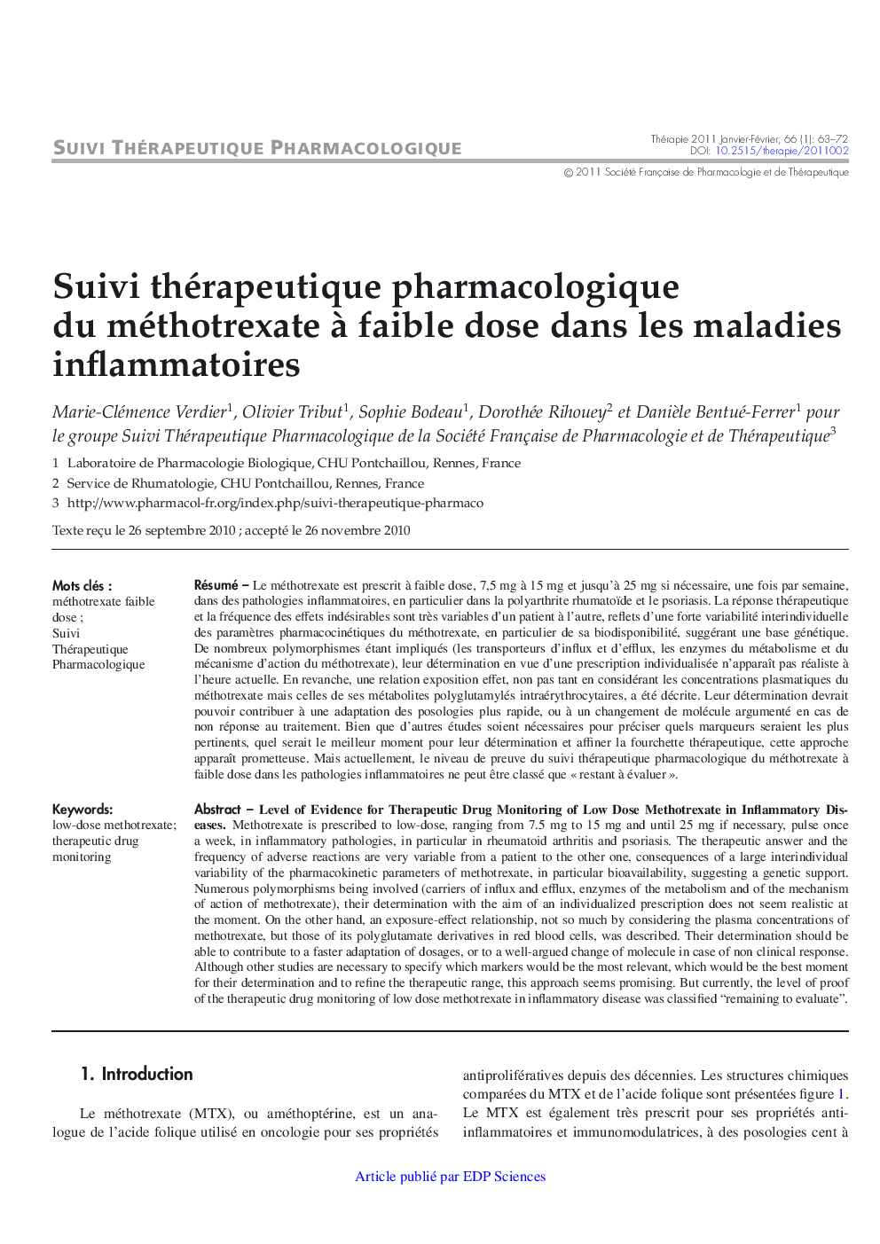 Suivi thérapeutique pharmacologique du méthotrexate Ã  faible dose dans les maladies inflammatoires