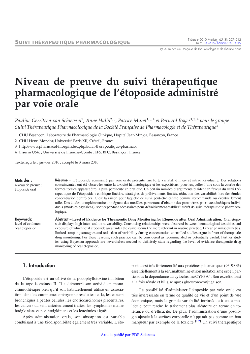 Niveau de preuve du suivi thérapeutique pharmacologique de l'étoposide administré par voie orale