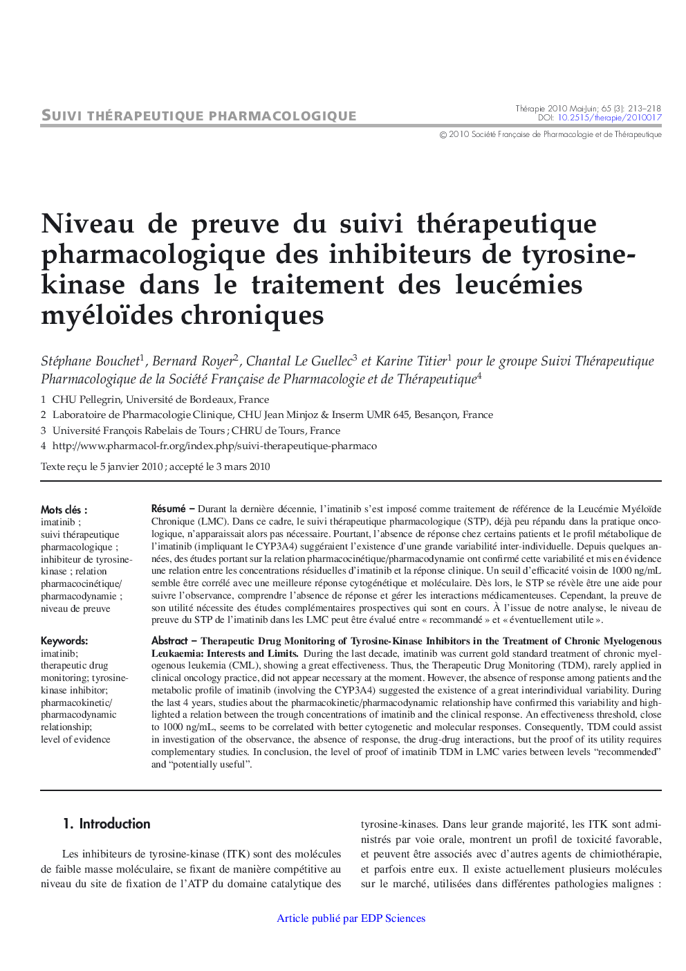 Niveau de preuve du suivi thérapeutique pharmacologique des inhibiteurs de tyrosine-kinase dans le traitement des leucémies myéloïdes chroniques