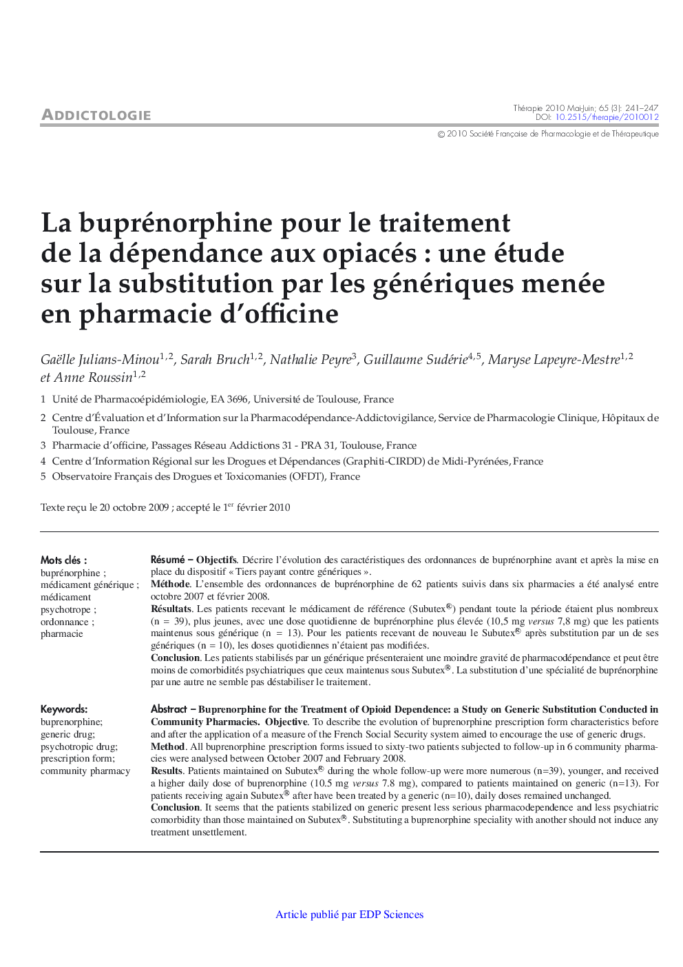 La buprénorphine pour le traitement de la dépendance aux opiacés : une etude sur la substitution par les génériques menée en pharmacie d'officine