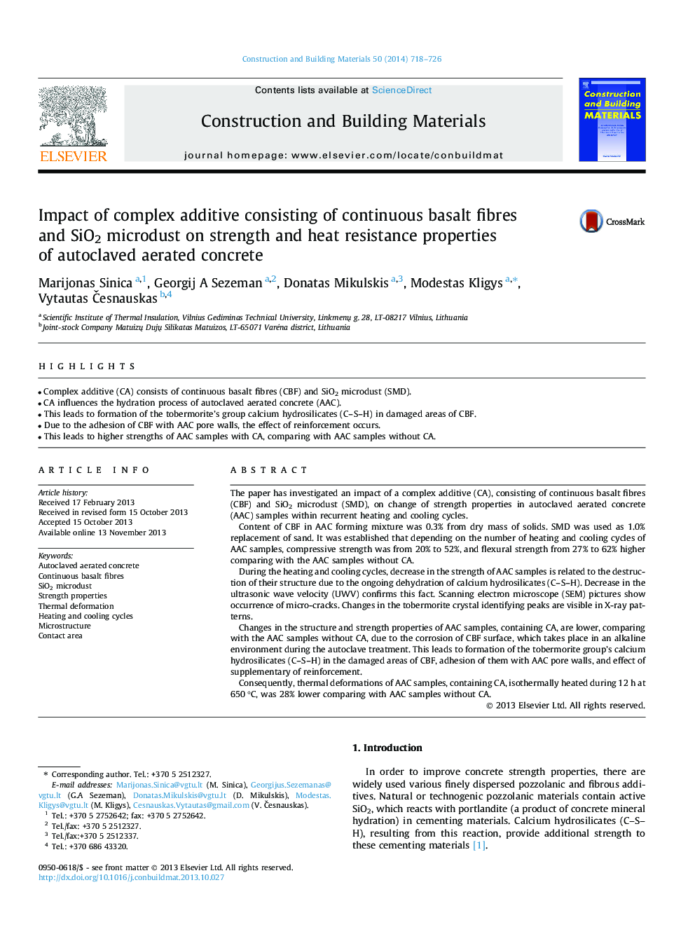 Impact of complex additive consisting of continuous basalt fibres and SiO2 microdust on strength and heat resistance properties of autoclaved aerated concrete
