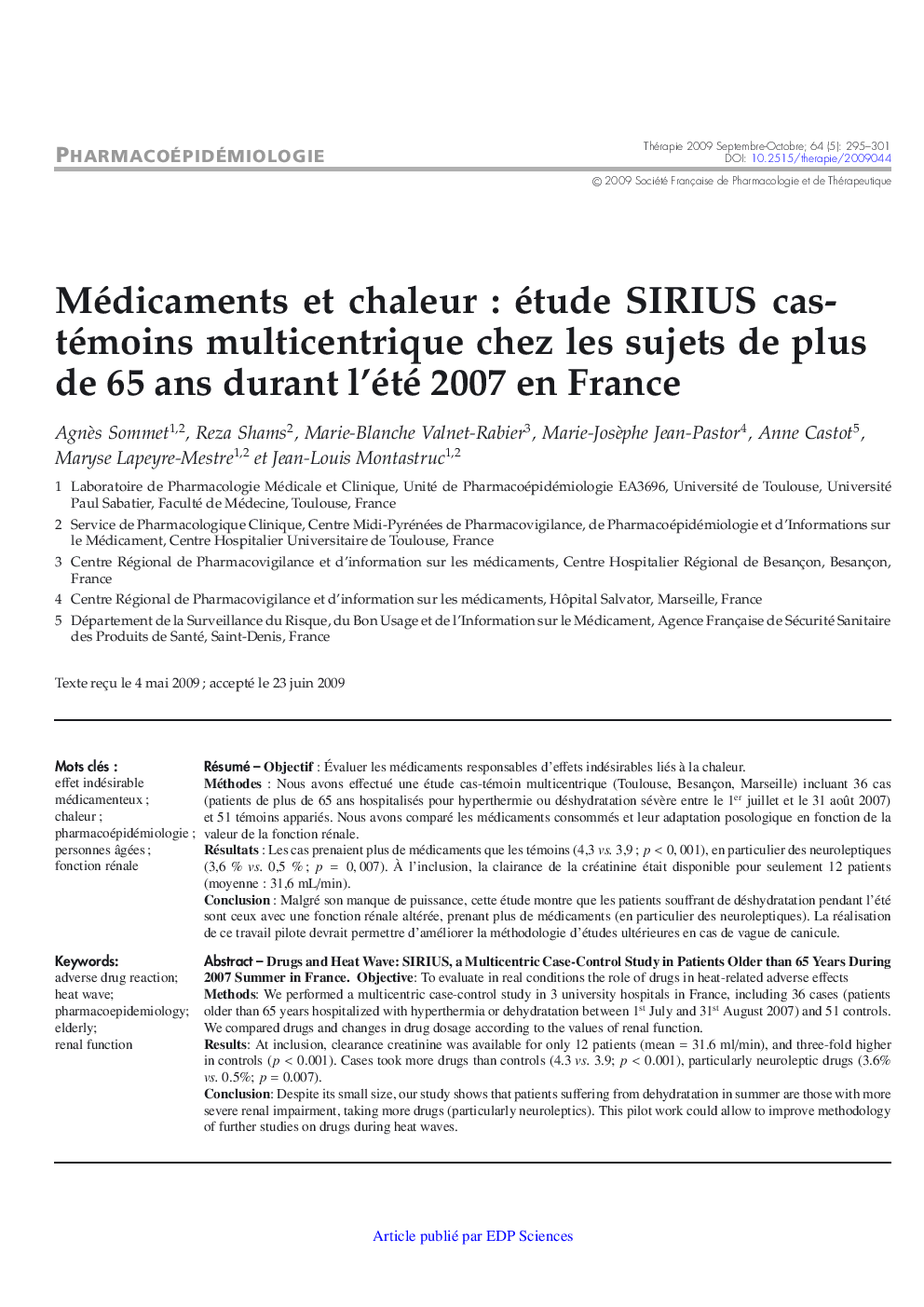 Médicaments et chaleur : étude SIRIUS cas-témoins multicentrique chez les sujets de plus de 65 ans durant l'été 2007 en France