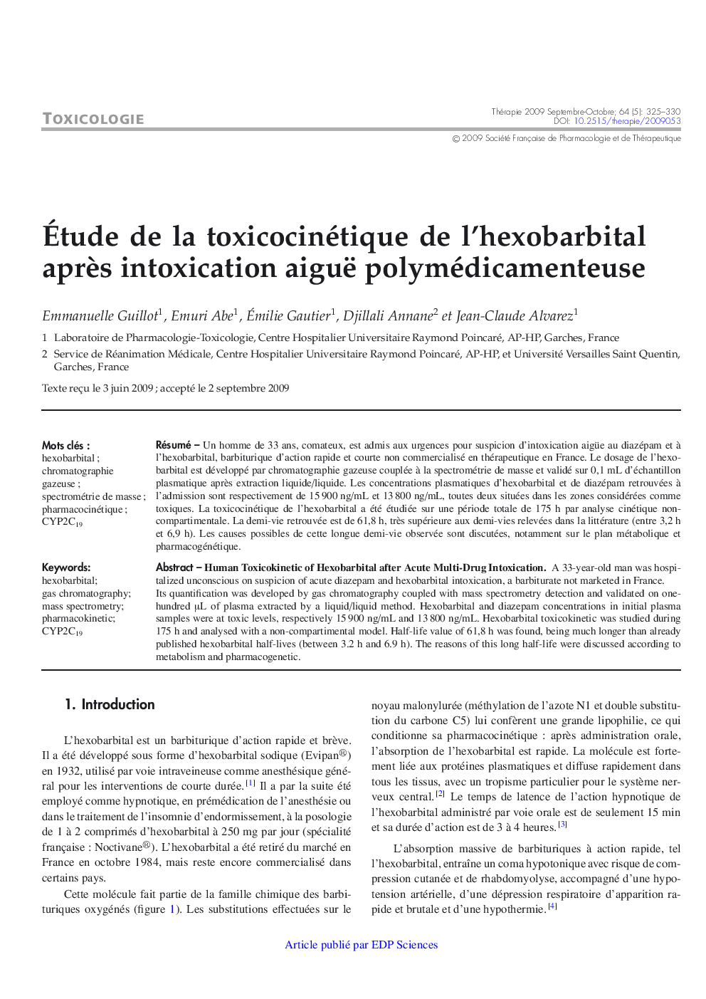 Ãtude de la toxicocinétique de l'hexobarbital aprÃ¨s intoxication aiguë polymédicamenteuse