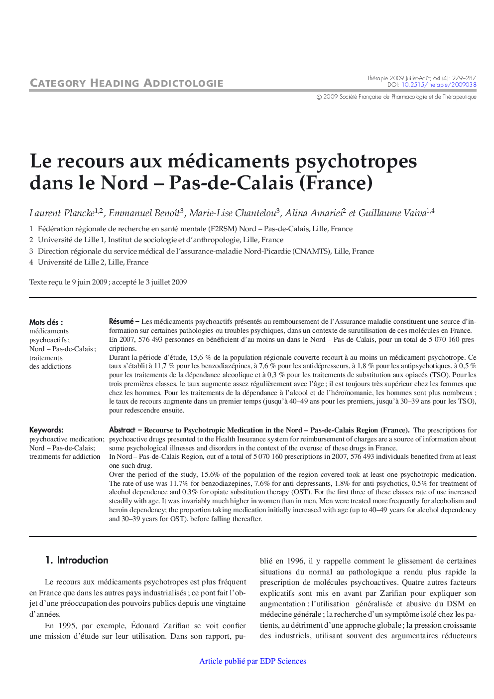 Le recours aux médicaments psychotropes dans le Nord - Pas-de-Calais (France)