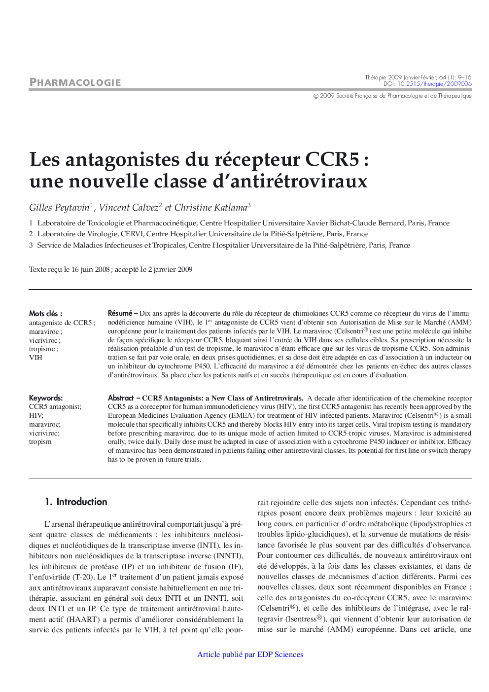 Les antagonistes du récepteur CCR5 : une nouvelle classe d'antirétroviraux