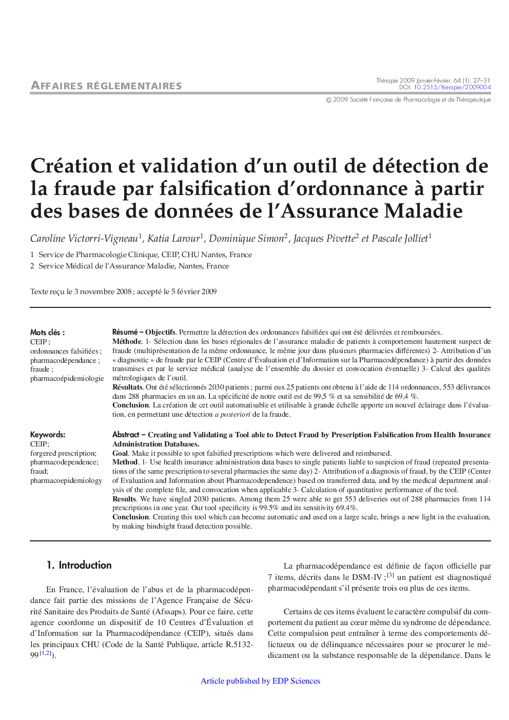 Création et validation d'un outil de détection de la fraude par falsification d'ordonnance Ã  partir des bases de données de l'Assurance Maladie