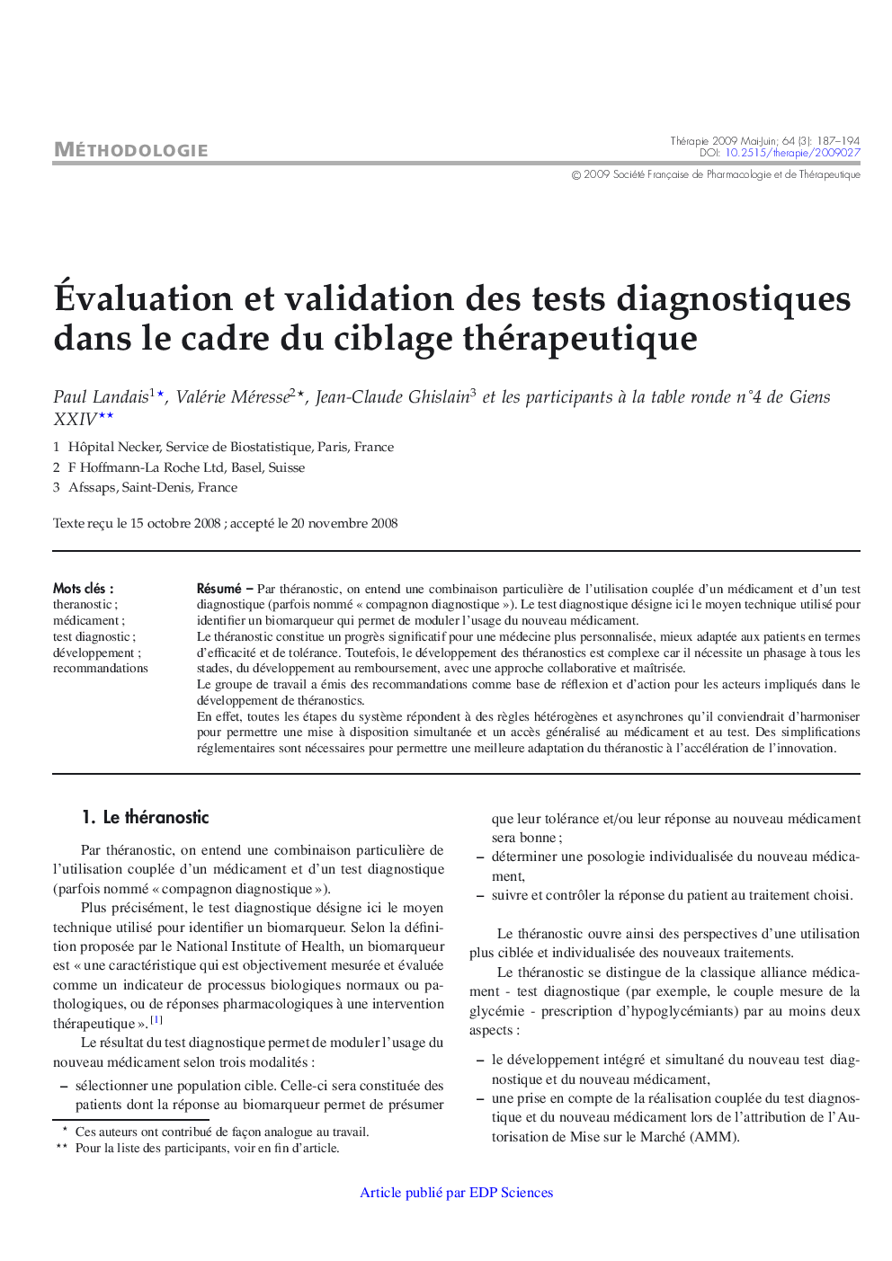 Ãvaluation et validation des tests diagnostiques dans le cadre du ciblage thérapeutique