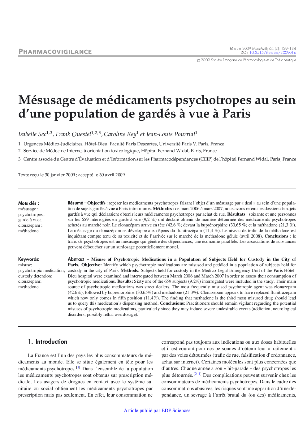 Mésusage de médicaments psychotropes au sein d'une population de gardés Ã  vue Ã  Paris