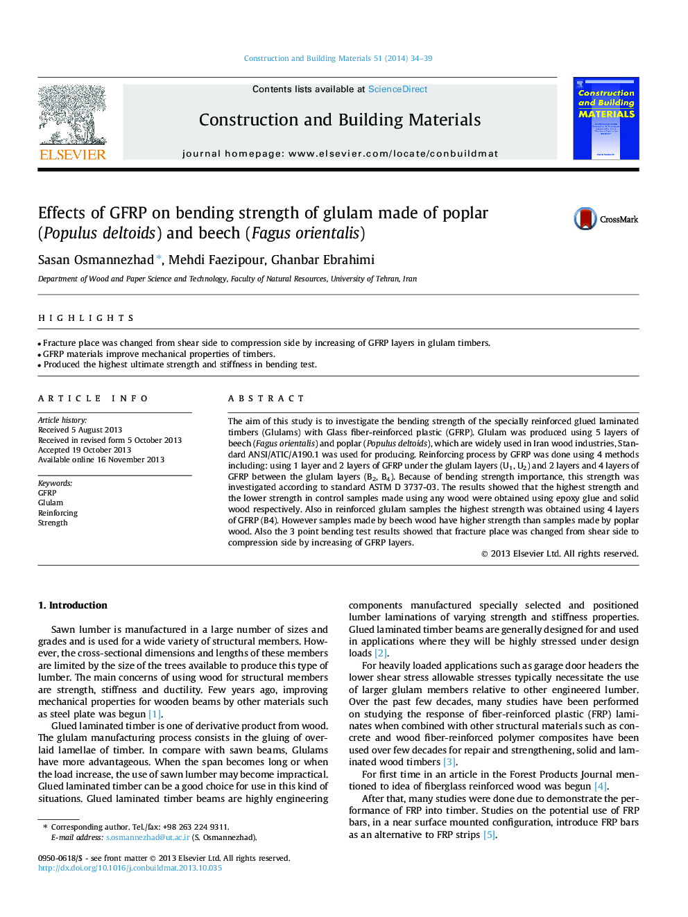Effects of GFRP on bending strength of glulam made of poplar (Populus deltoids) and beech (Fagusorientalis)