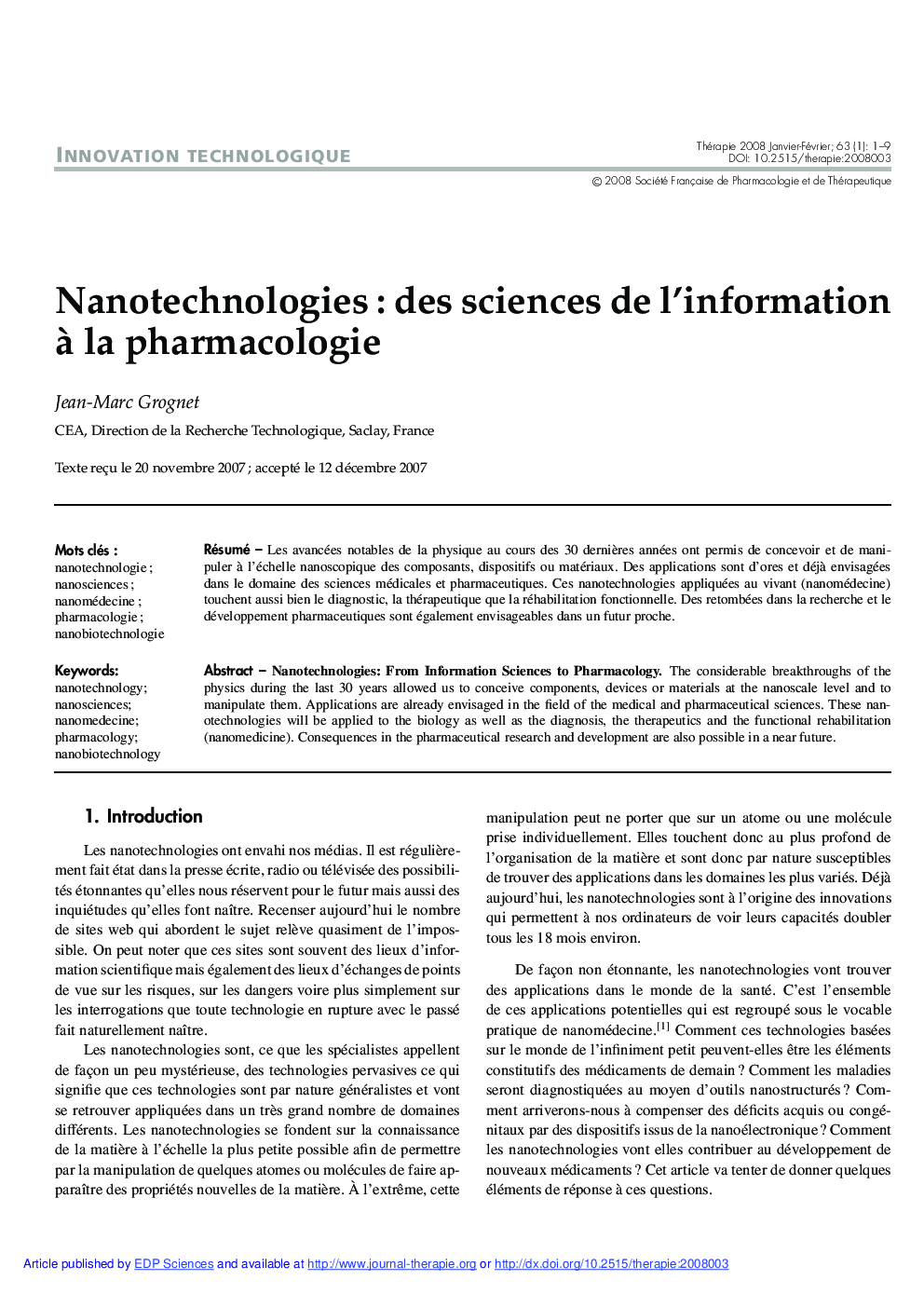 Nanotechnologies : des sciences de l'information Ã  la pharmacologie