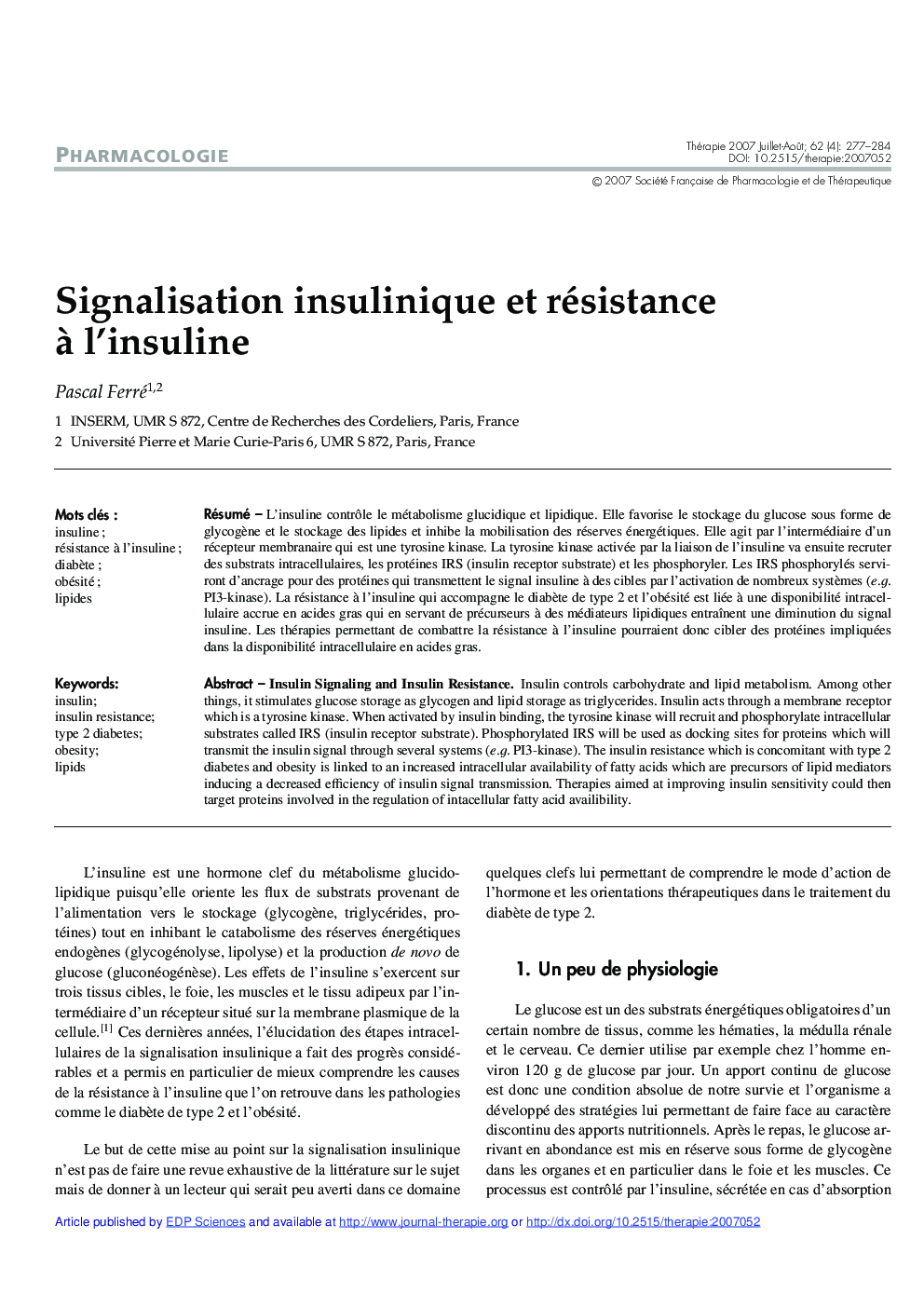 Signalisation insulinique et résistance Ã  l'insuline