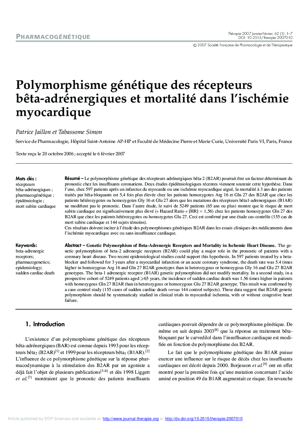 Polymorphisme génétique des récepteurs bÃªta-adrénergiques et mortalité dans l'ischémie myocardique