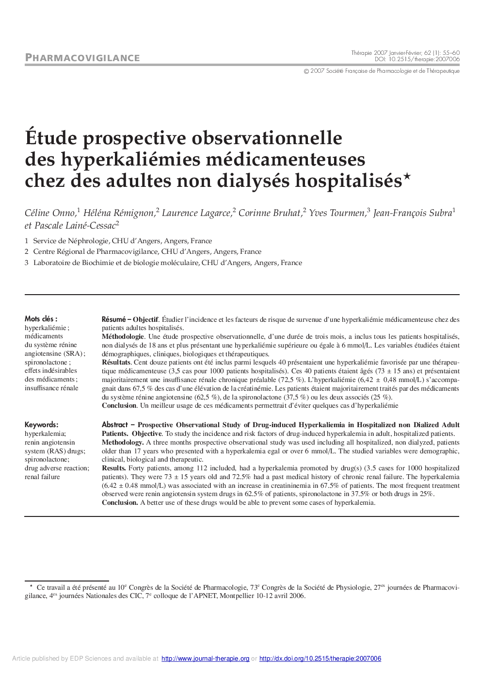 عکس صفحه اول مقاله: Ãtude prospective observationnelle des hyperkaliémies médicamenteuses chez des adultes non dialysés hospitalisés* Ãtude prospective observationnelle des hyperkaliémies médicamenteuses chez des adultes non dialysés hospitalisés*