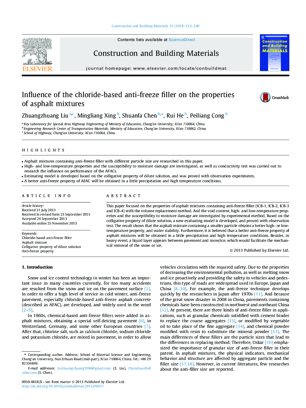 Influence of the chloride-based anti-freeze filler on the properties of asphalt mixtures