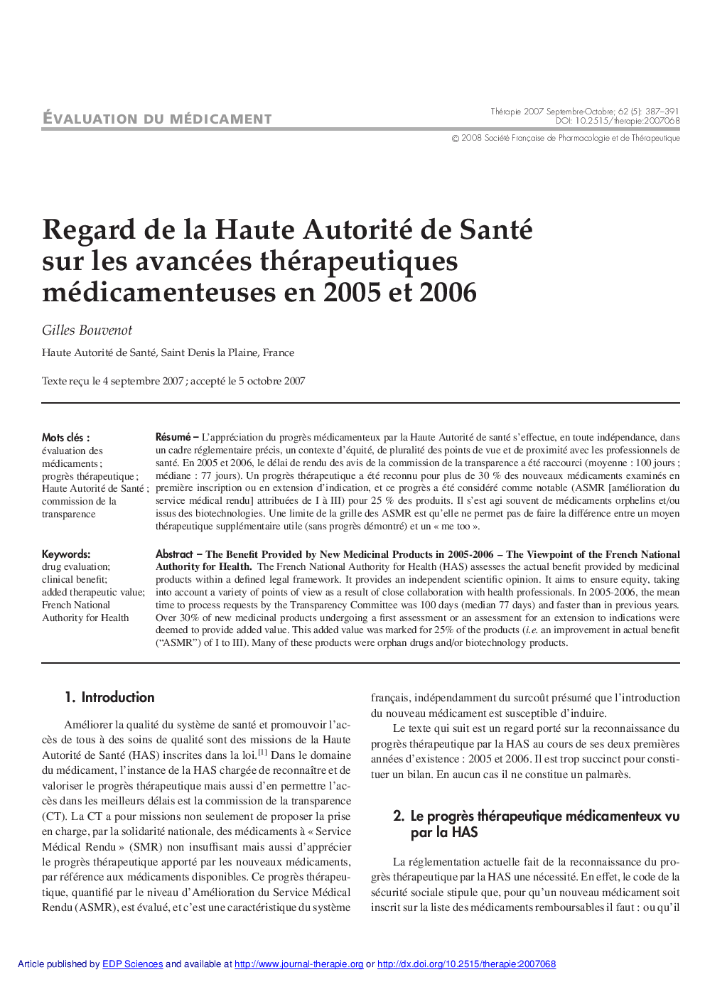 Regard de la Haute Autorité de Santé sur les avancées thérapeutiques médicamenteuses en 2005 et 2006