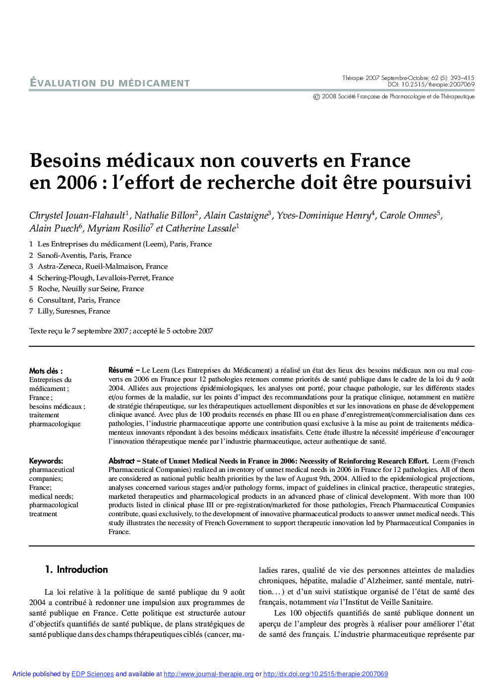 Besoins médicaux non couverts en France en 2006 : l'effort de recherche doit Ãªtre poursuivi