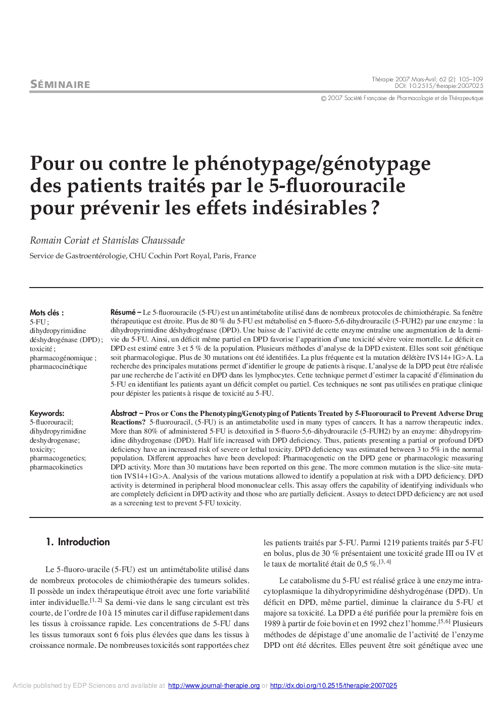 Pour ou contre le phénotypage/génotypage des patients traités par le 5-fluorouracile pour prévenir les effets indésirables ?