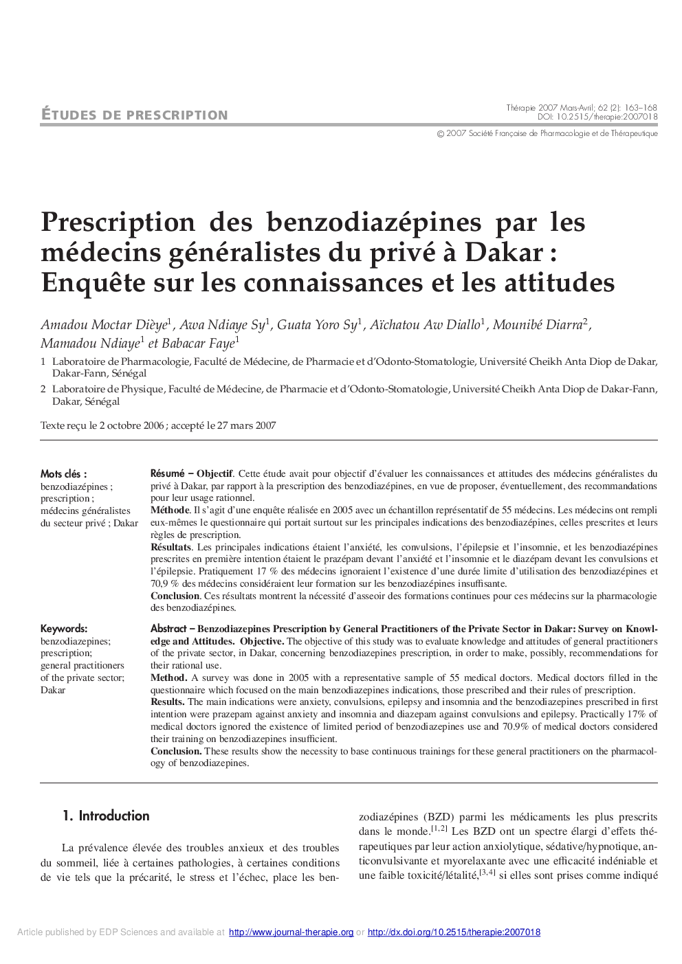 Prescription des benzodiazépines par les médecins généralistes du privé Ã  Dakar : EnquÃªte sur les connaissances et les attitudes