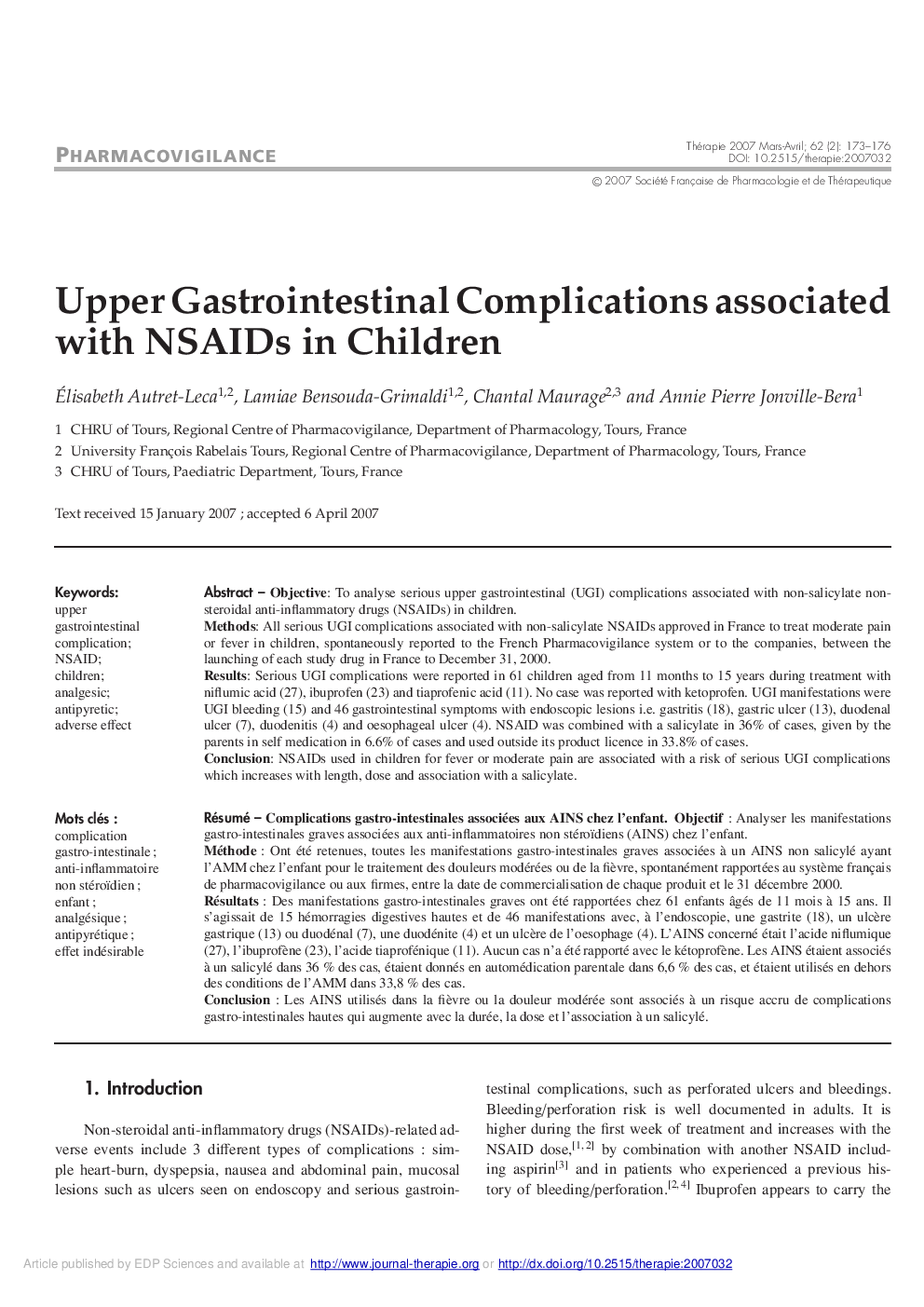 Upper Gastrointestinal Complications associated with NSAIDs in Children