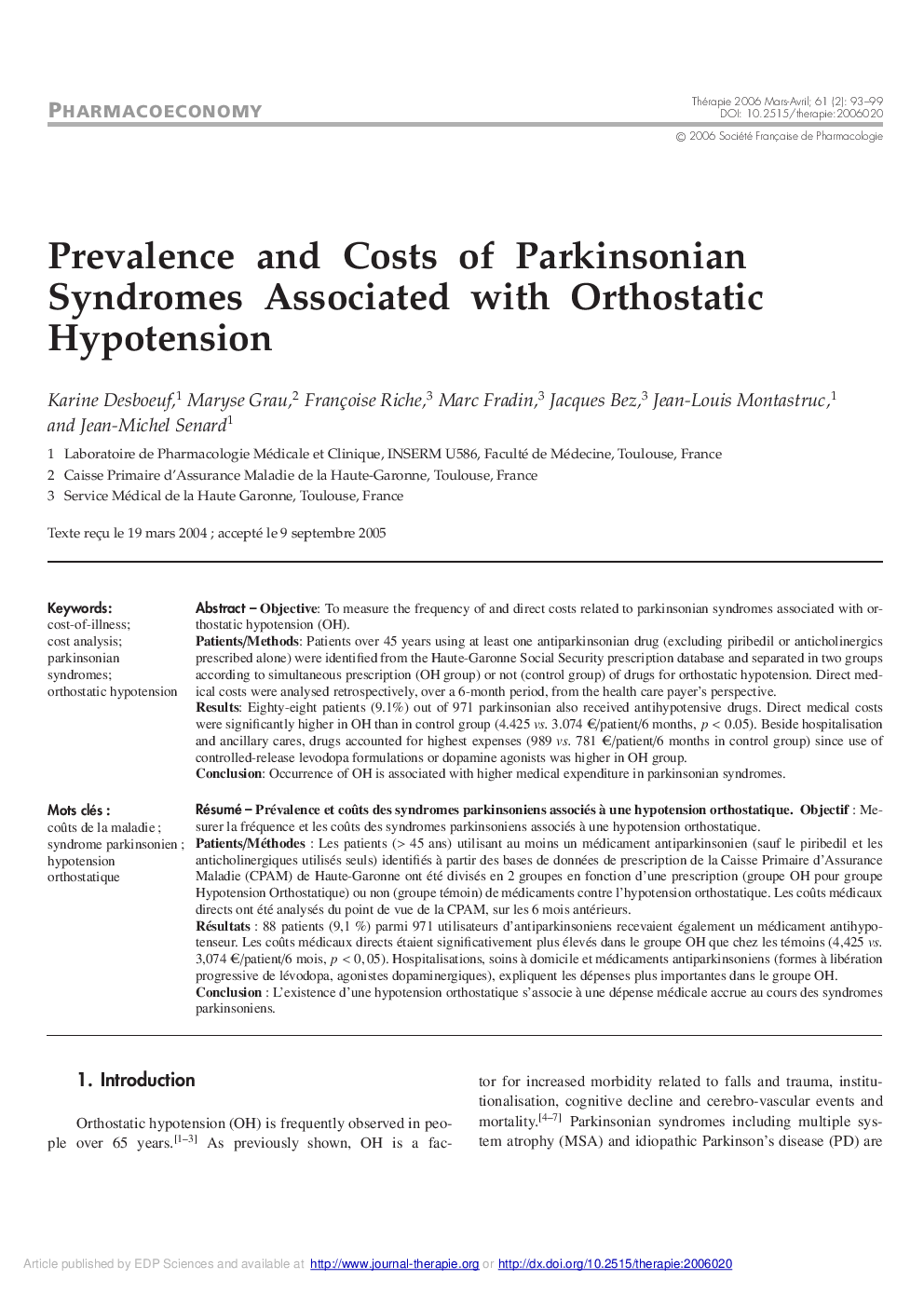 Prevalence and Costs of Parkinsonian Syndromes Associated with Orthostatic Hypotension
