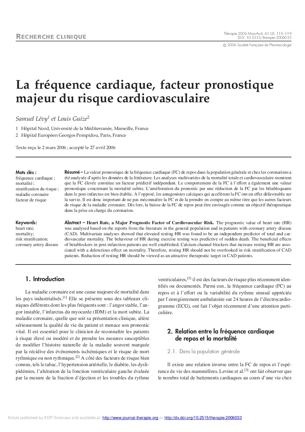 La fréquence cardiaque, facteur pronostique majeur du risque cardiovasculaire