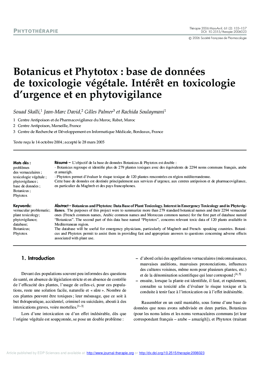 Botanicus et Phytotox : base de données de toxicologie végétale. IntérÃªt en toxicologie d'urgence et en phytovigilance