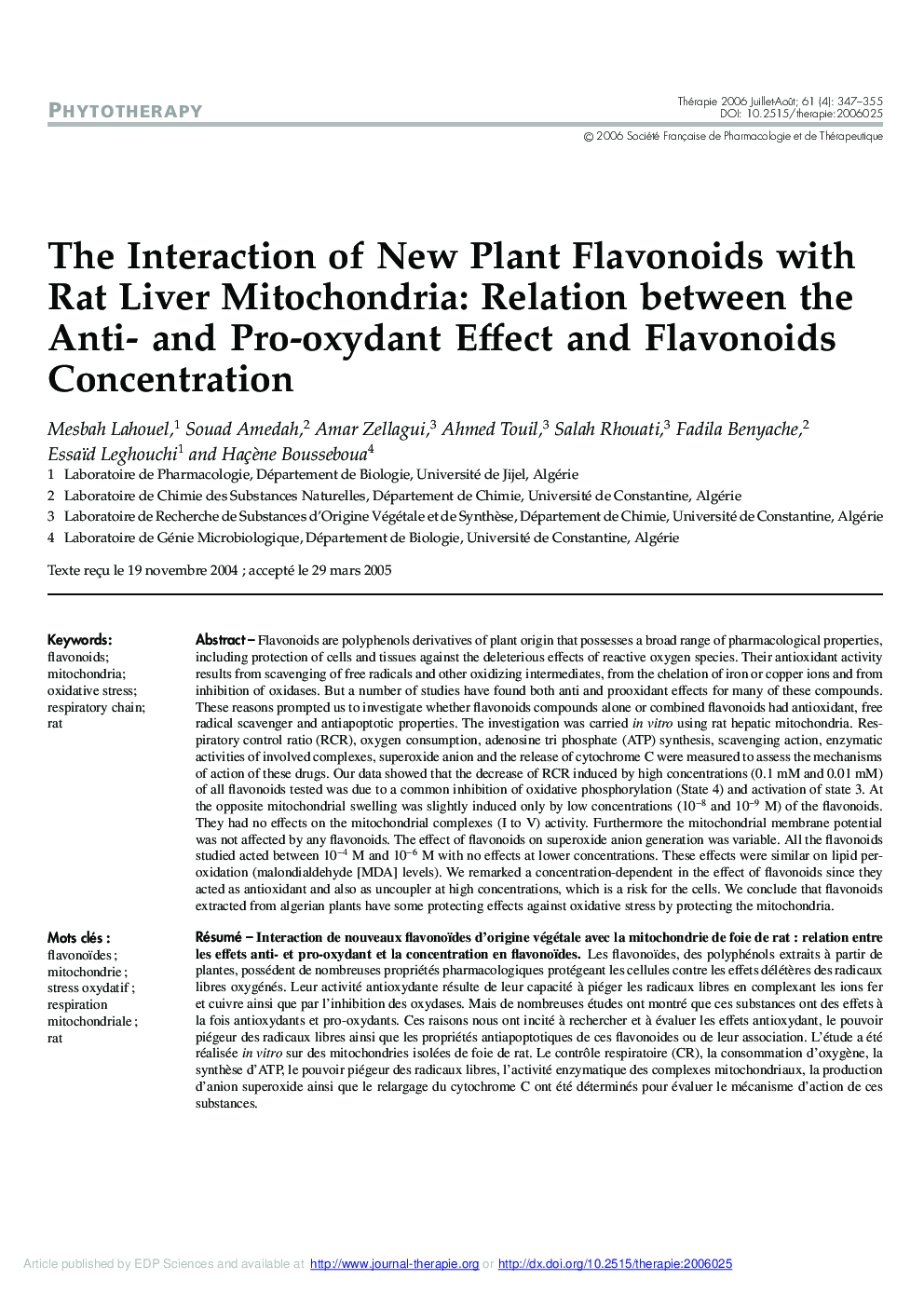 The Interaction of New Plant Flavonoids with Rat Liver Mitochondria: Relation between the Anti- and Pro-oxydant Effect and Flavonoids Concentration