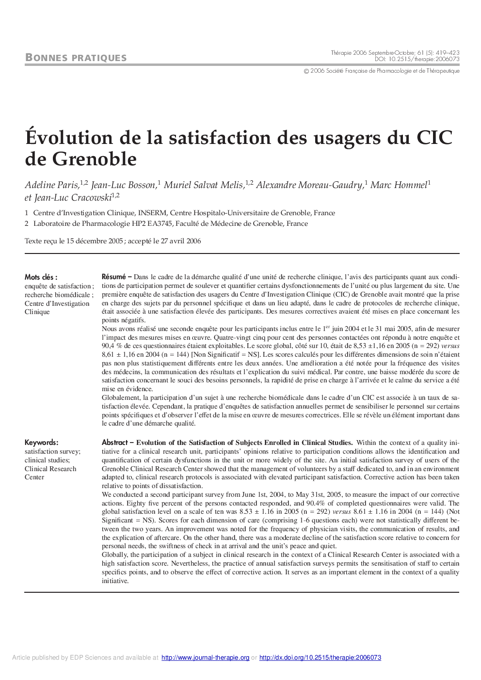 Ãvolution de la satisfaction des usagers du CIC de Grenoble