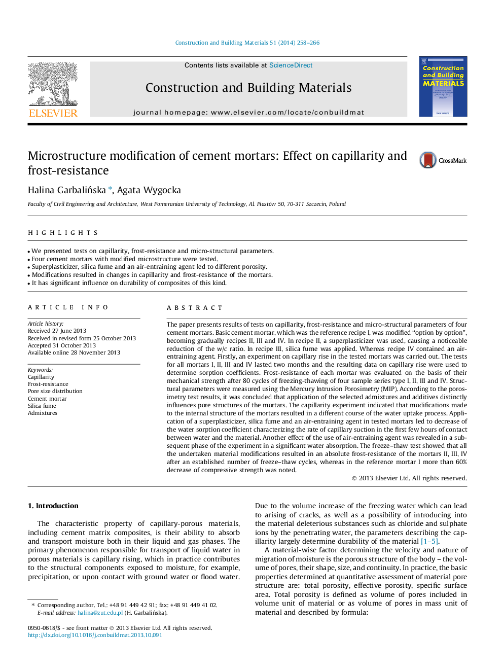 Microstructure modification of cement mortars: Effect on capillarity and frost-resistance